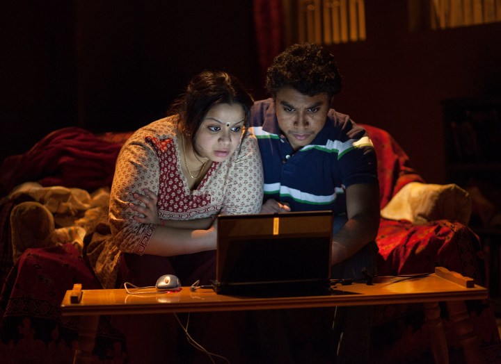 Anusree Roy as Malini and Andrew Lawrie as Sharan in Anupama Chandrasekhar's Free Outgoing, which played at Toronto's Factory Theatre. Photo by John Lauener.