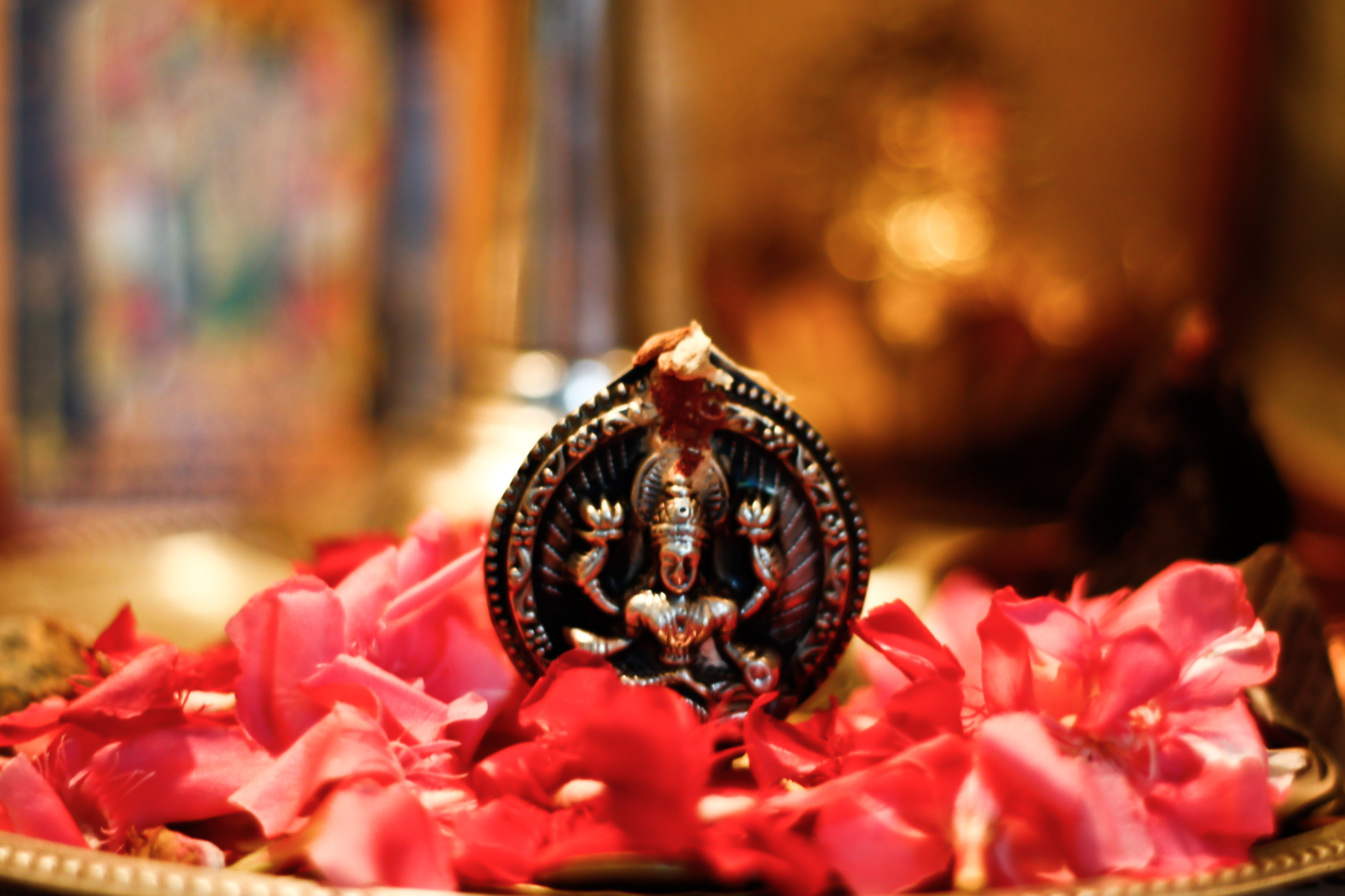 A copper idol of Goddess Lakshmi in midst of red flowers